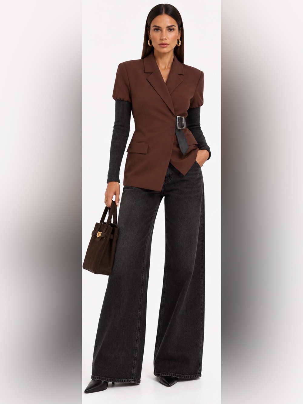 WeWoreWhat Revolve Rib Sleeve Blazer in Cacao and Black